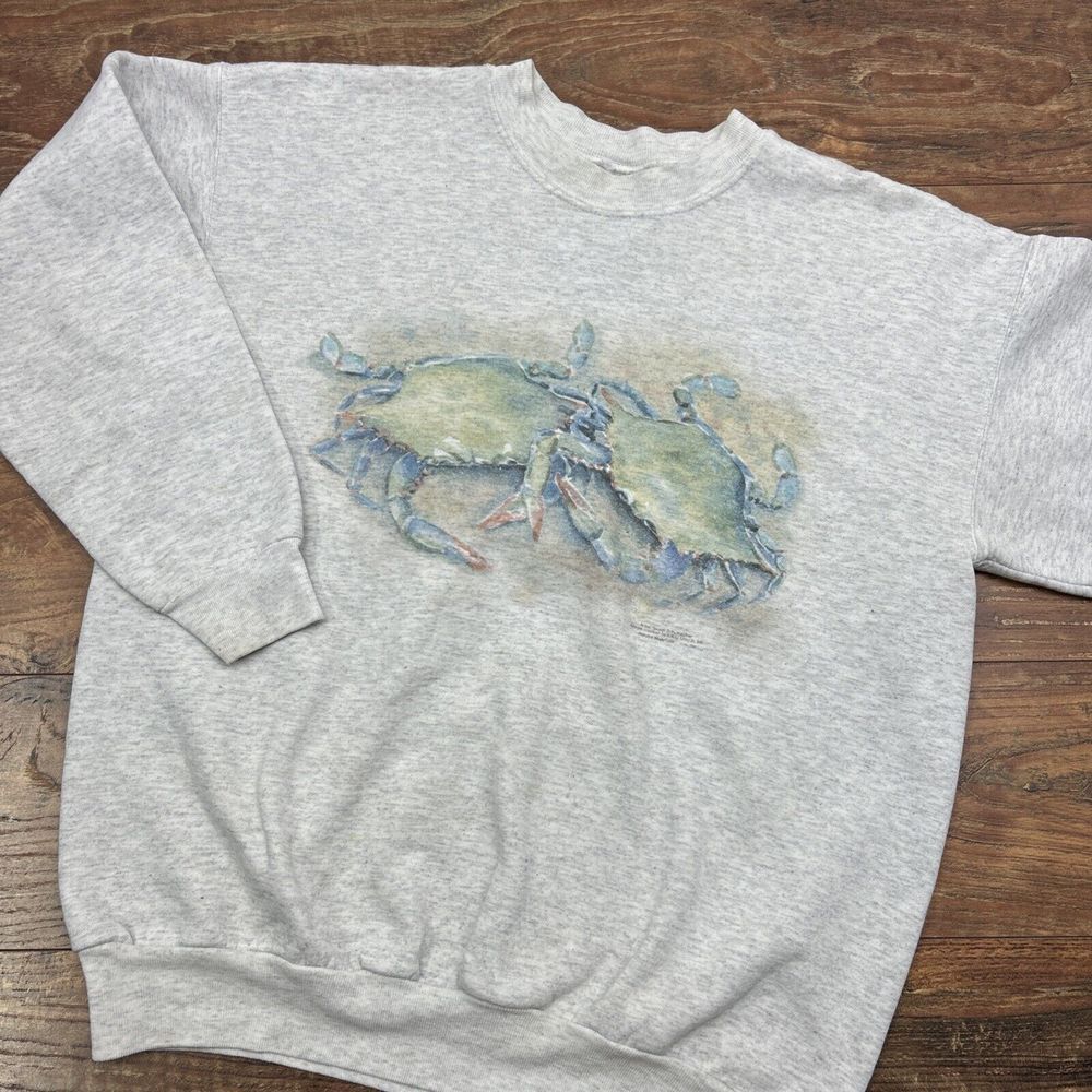 Arts Unlimited‎ Blue Crab Print Vintage Sweatshirt Unisex Pullover Gray **